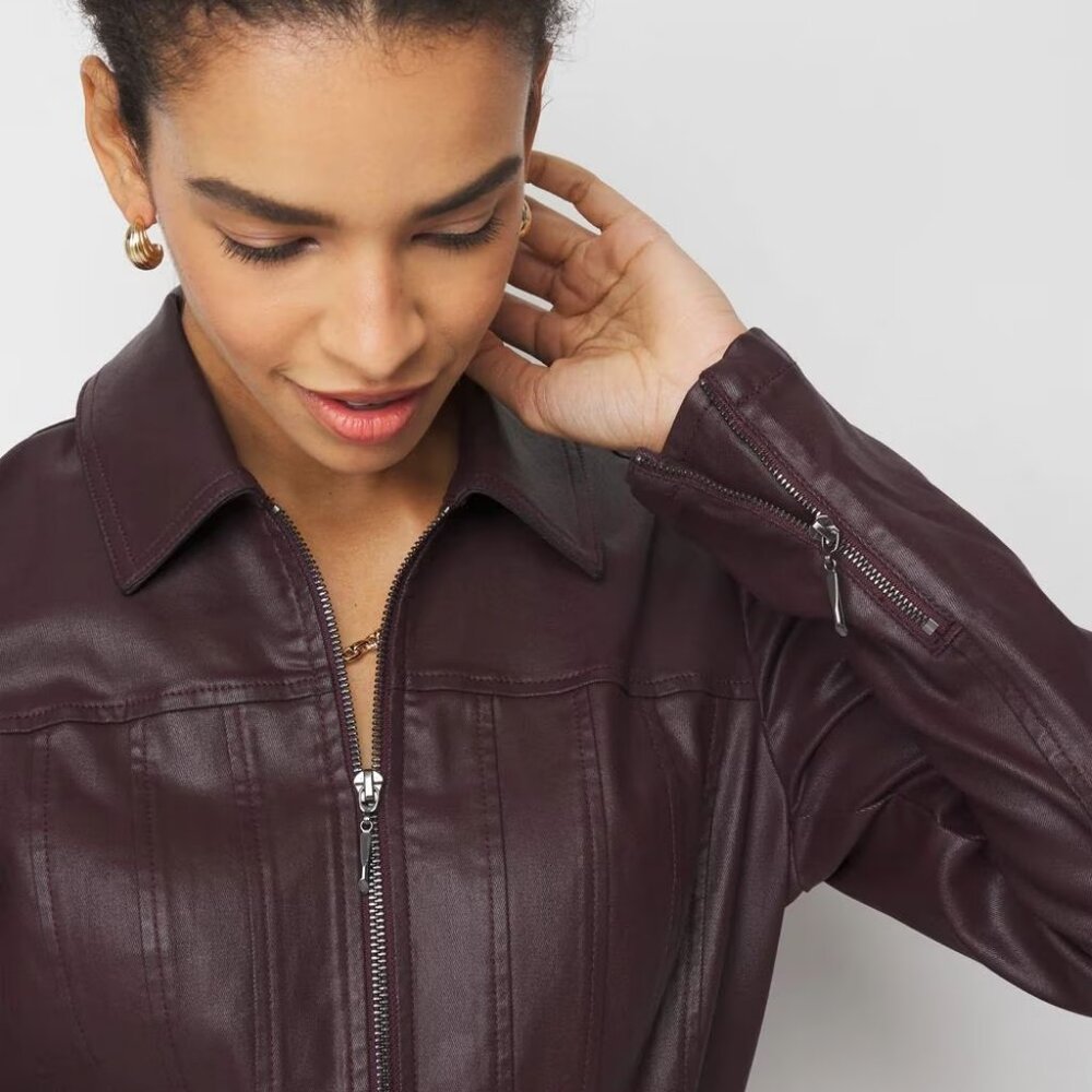 WHBM $170 Coated Denim Dress Jacket Vegas Black Cherry Stretchy - Picture 3 of 8